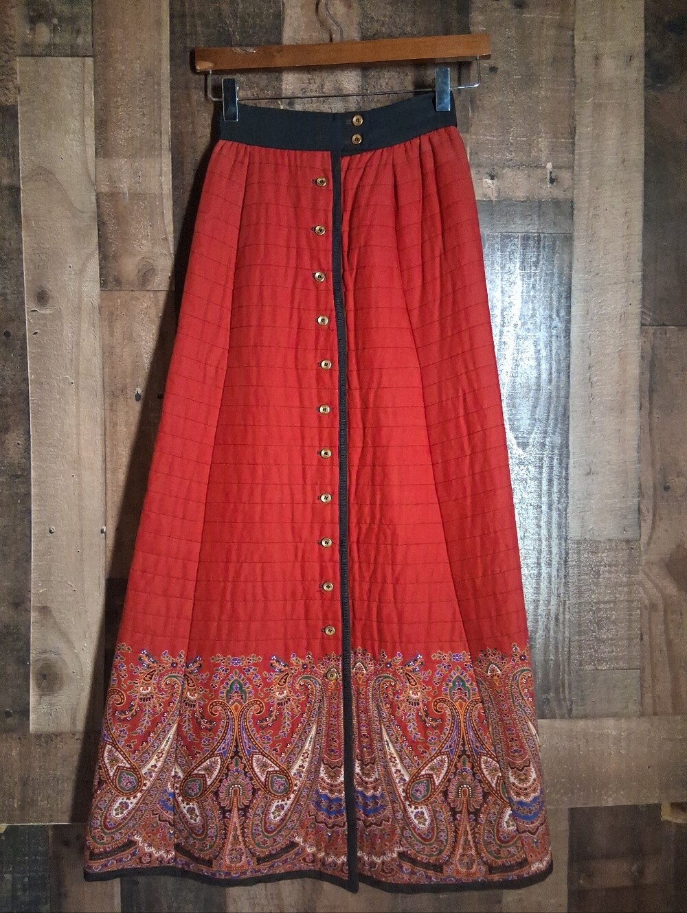 Saks Fifth Avenue Vintage Red Quilted Maxi Skirt Paisley Print BohoSize 24" XXS